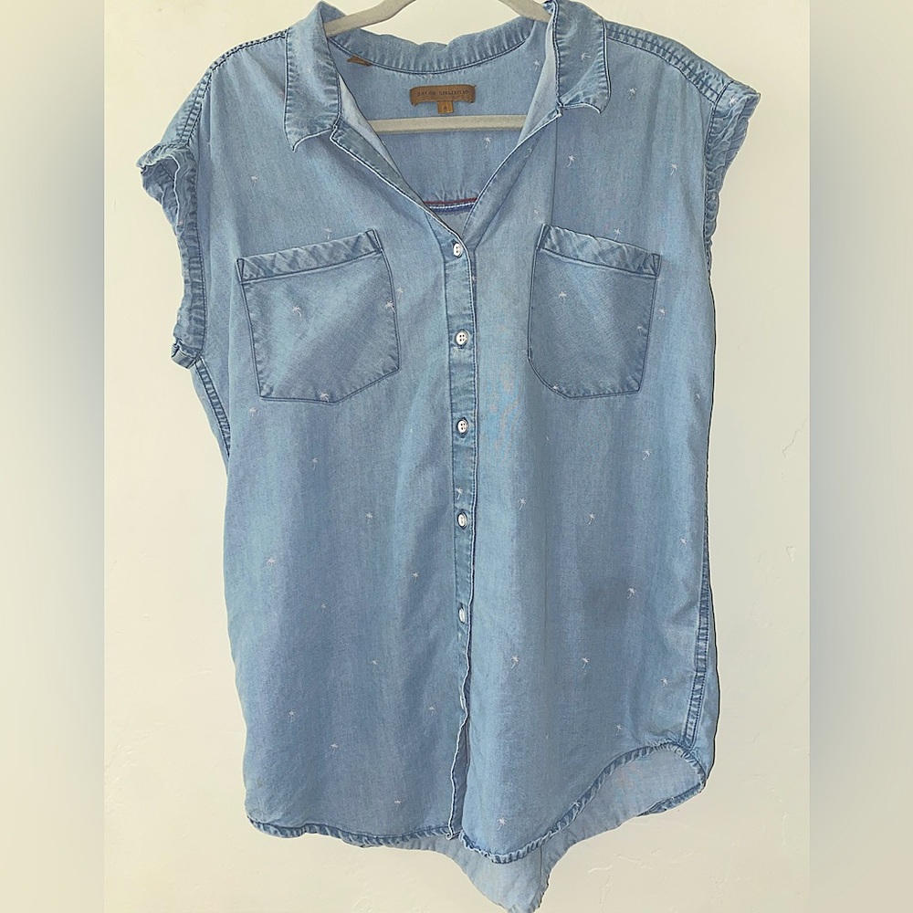 🤩😎Jacobs Girlfriends Blue Denim Palm Tree Short Sleeve Button Down Shirt